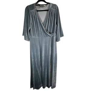 Soft Surroundings Velvet Wrap Maxi Dress Slate Blue Bell Sleeve Size L boho